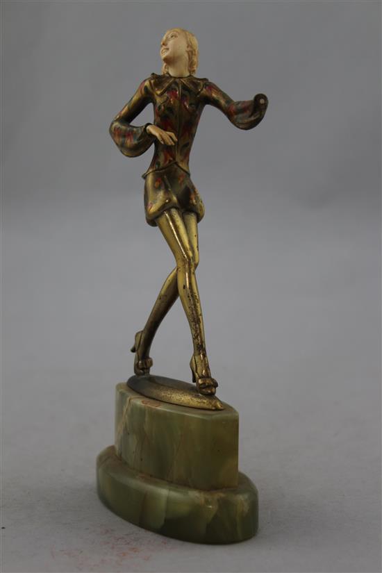 Attributed to Josef Lorenzl. An Art Deco cold painted bronze and ivory figure of a dancer, 8in.